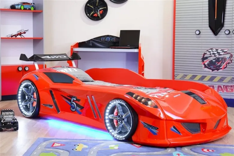 Ліжко машина MUSVENUS Jaguar Speedy boy Red MAXI - підсвічування фар, коліс, дна, звук, пульт